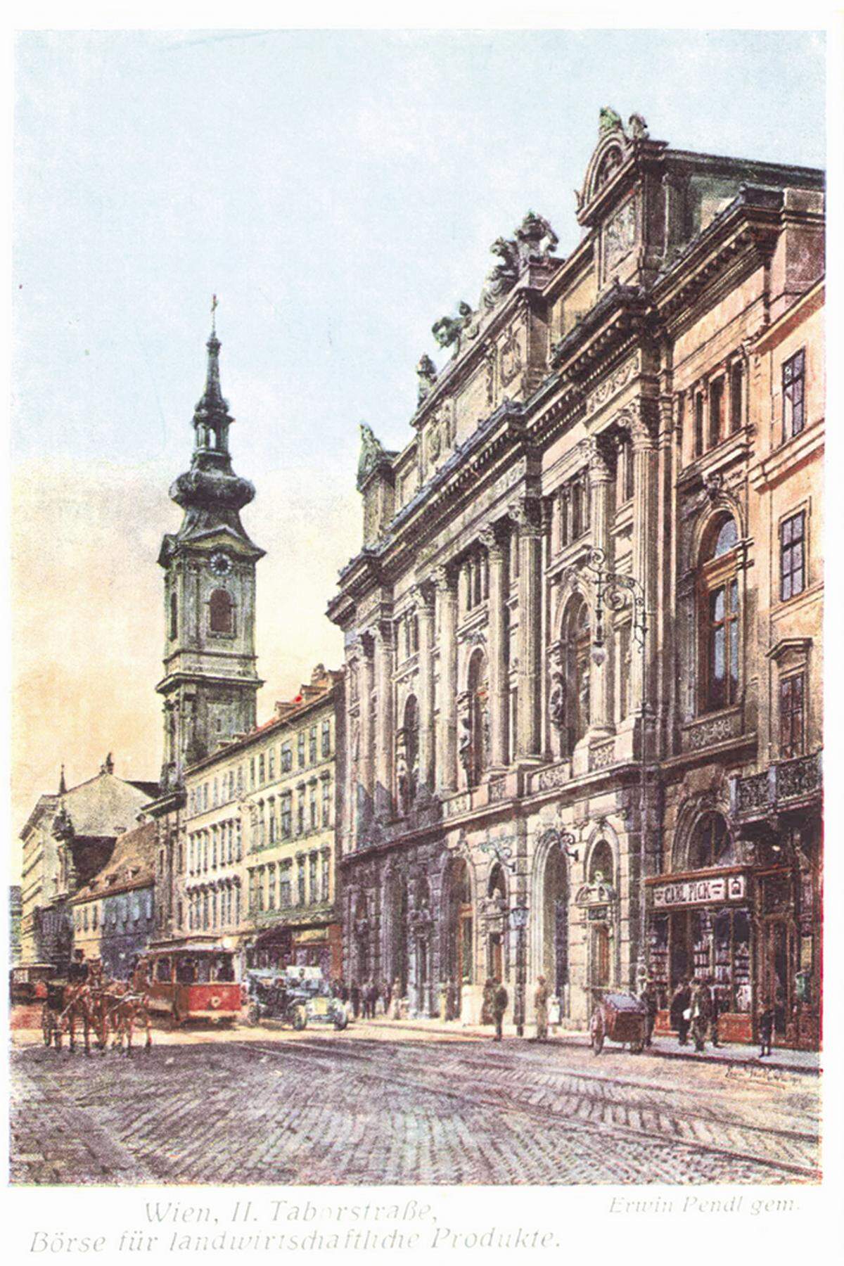 Dieses historische Bild zeigt das Hotel Stefanie, damals erst dreistöckig, links neben der damaligen Börse für landwirtschaftliche Produkte.