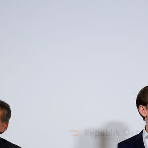Austrian Chancellor Sebastian Kurz and Vice-Chancellor Werner Kogler address the media during a Government meeting in Krems