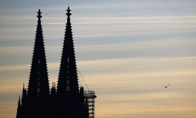 A bird flies next to the two towers of the famous landmark and UNESCO world heritage, the Cologne Cathedral