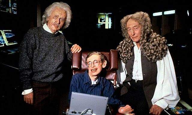 Stephen Hawking 1993 am Set von "Star Trek: The Next Generation" mit den Darstellern von Albert Einstein und Isaac Newton