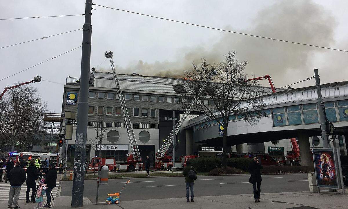 Das Feuer war aus bisher unbekannter Ursache im neuen Teil des "Donauzentrums" nahe des Kreuzungsbereichs Wagramerstraße-Siebeckstraße ausgebrochen.