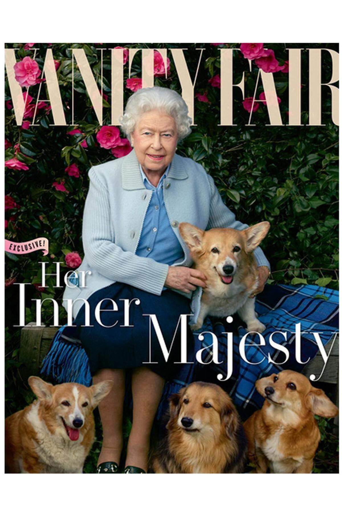 Ein Königreich für einen Corgi: Als fixer Bestandteil der royalen Familie genießen die Tiere auch sämtliche Vorzüge und Privilegien, die das Hundeleben am königlichen Hof zu bieten hat. Cover der "Vanity Fair" anlässlich des 90. Geburtstages der Queen: Auf dem Arm hält sie Corgi-Dame "Holly", brav zu ihren Füßen sitzen "Willow" und die beiden Dorgis "Vulcan" und "Candy", Mai 2016.