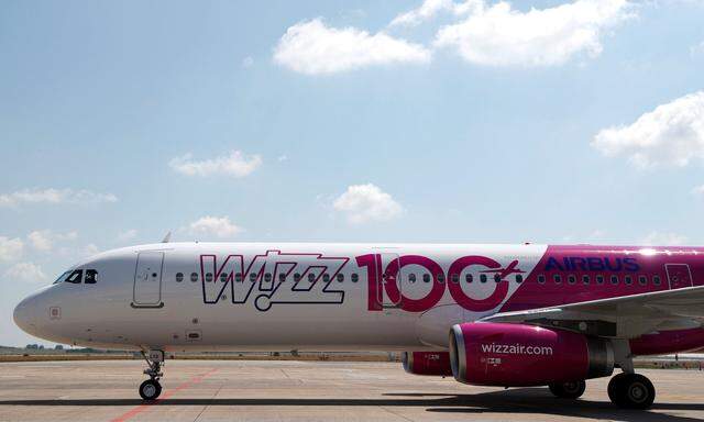 A Wizz Air Airbus A321 aircraft is seen on the tarmac during the unveiling ceremony of the 100th plane of its fleet at Budapest Airport