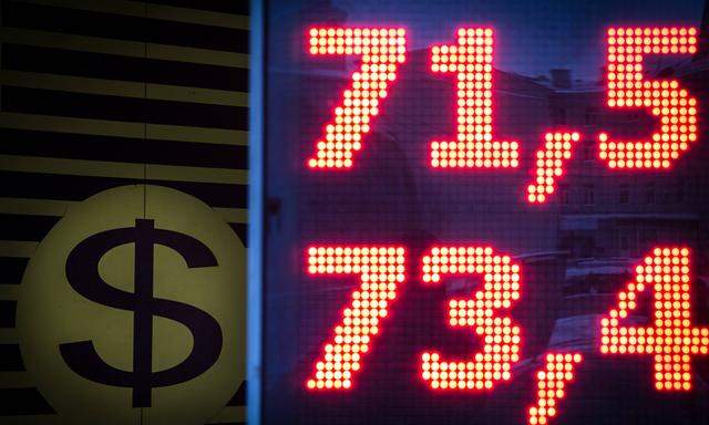 MOSCOW RUSSIA JANUARY 11 2015 A digital information board showing currency exchange rates in a s