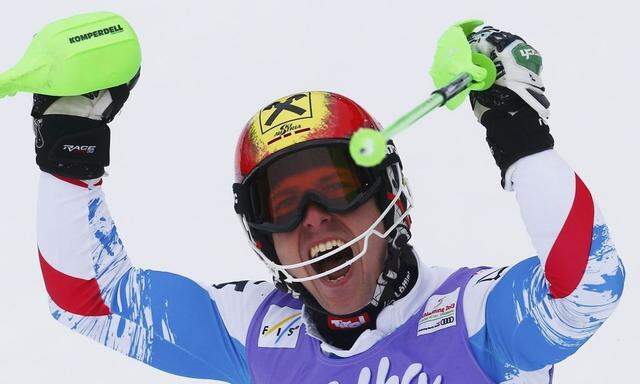 First placed Marcel Hirscher of Austria celebrates after winning the men's Slalom race at the World Alpine Skiing Championships in Schladming 