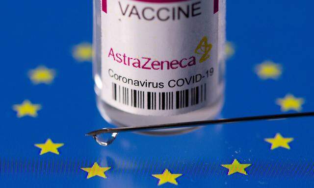 FILE PHOTO: Vial labelled 'AstraZeneca coronavirus disease (COVID-19) vaccine' placed on displayed EU flag is seen in this illustration picture