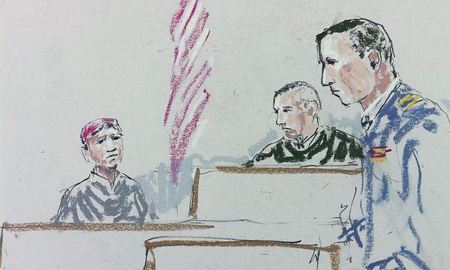 Courtroom sketch shows Afghan witness Rafiulla answering questions from prosecutor during a pre-sentencing hearing for Army Staff Sergeant Robert Bales in Tacoma Washington