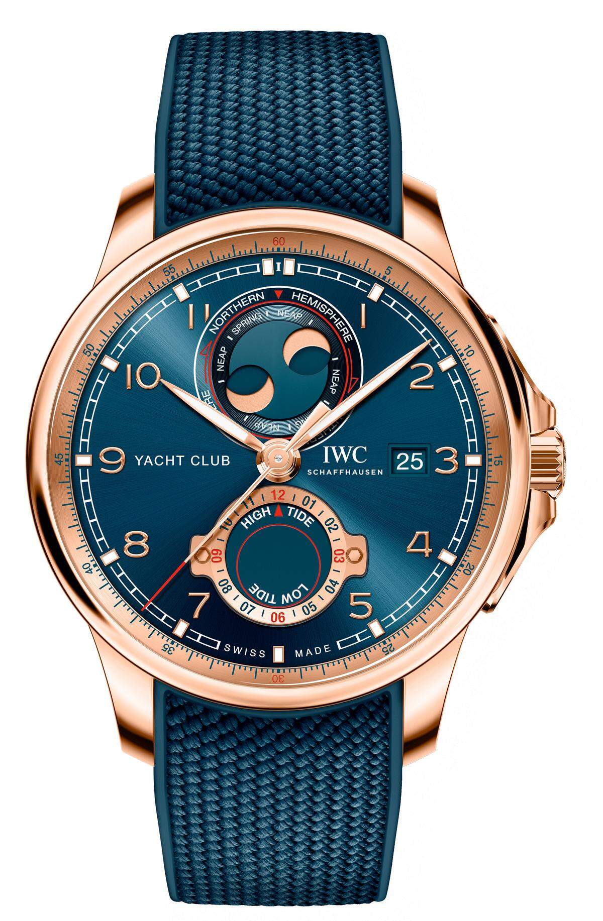 IWC "Portugieser Yacht Club Moon & Tide". Der Schaffhausener Uhrenhersteller erweitert heuer seine "Portugieser"-Linie um neue Modelle. Dabei kommt es auch zu einer Premiere: Erstmals hat die Manufaktur eine Uhr mit Gezeitenanzeige entwickelt. Diese informiert über den Zeitpunkt für das nächste Hoch- bzw. Niedrigwasser.