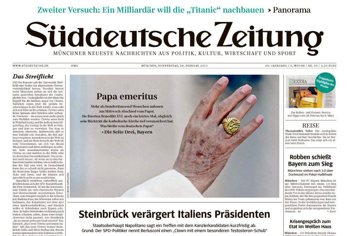 Der Papst-Abschied bewegt noch einmal den Blätter-Wald. Gleich drei deutsche Zeitungen verabschieden sich mit demselben Bild von ihm: Ein Überblick zwishcen "Abschied in Dankbarkeit" und "Vergelt's Gott".