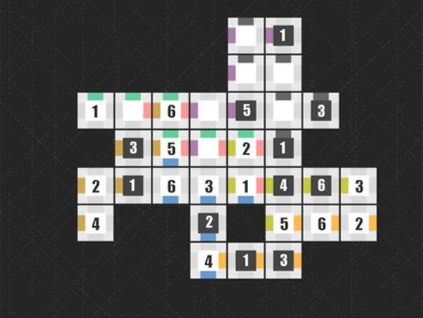 Das ist ein Puzzle für Sudoku-Fans mit gutem räumlichen Vorstellungsvermögen. Die Felder einer Farbe können jeweils zu einem Würfel gefaltet werden. Einige Ziffern sind vorgegeben, die anderen müssen errechnet werden: Zwei gegenüberliegende Seiten ergeben jeweils sieben. Nach zehn Runden ist leider Schluss.