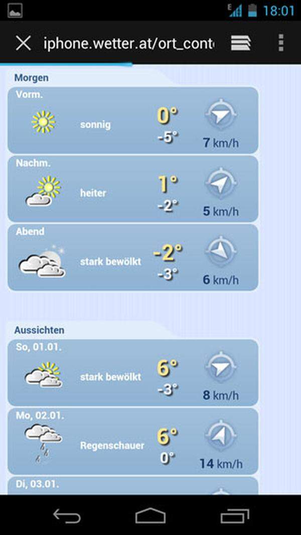 An Apps für die Wetterprognose mangelt es im Android Market nicht. Viele davon sind empfehlenswert und im Endeffekt hängt es vom persönlichen Geschmack ab, welche man bevorzugt. Gerade für das Inland sei hier aber ein Dienst empfohlen: Wetter.at bietet unter iphone.wetter.at eine mobile Version, die auch unter Android genutzt werden kann. Die Web-App fragt dabei entweder den aktuellen Standort des Nutzers ab, oder lässt nach Orten suchen. Neben dem aktuellen wetter gibt es eine übersichtliche 7-Tage-Prognose.