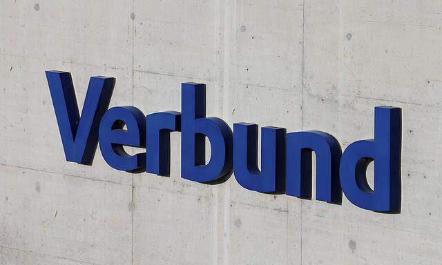 The logo of Austrian hydropower producer Verbund is pictured at its Freudenau hydro-electric power plant in Vienna