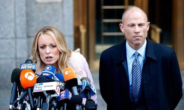 FILE PHOTO:    Adult film actress Stephanie Clifford, also known as Stormy Daniels, speaks to media along with lawyer Michael Avenatti  outside federal court in Manhattan