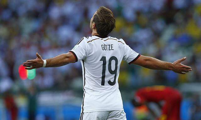 Germany´s Mario Goetze celebrates after scoring a goal during the 2014 World Cup Group G soccer match between Germany and Ghana at the Castelao arena