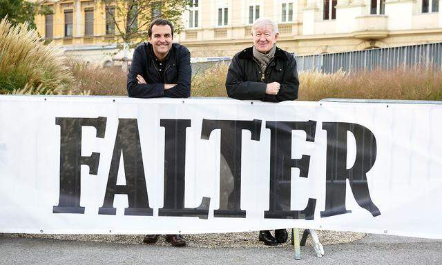 Chefredakteur Florian Klenk (li.) und Herausgeber Armin Thurnher vor der Ottakringer Brauerei. Das 40er-Fest des „Falter“ am Freitagabend war ausverkauft.