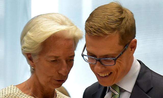 Finnlands Finanzminister Stubb und IWF-Chefin Lagarde in Brüssel