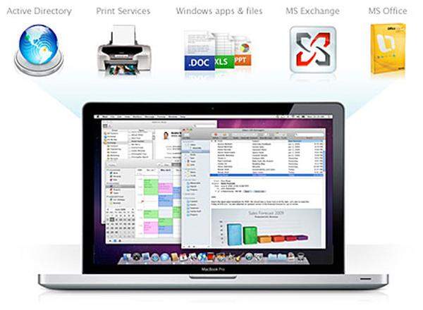 Eine der bekanntesten Neuerungen unter Mac OS X 10.6 ist wohl die Unterstützung von Microsoft Exchange. Damit versucht Apple seine Rechner für Firmenkunden interessanter zu machen und wildert so ganz offen im Revier von Microsoft. Die Programme Mail, iCal und Kontakte werden automatisch mit dem Microsoft Exchange 2007er Server einer Firma abgeglichen. Für die Konfiguration genügt die Eingabe der E-Mail-Adresse und des Kennworts.