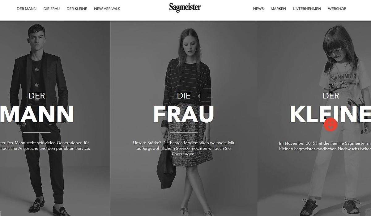 Schlicht und elegant. So sieht die Homepage des Modegeschäfts Sagmeister aus. Dass der Webshop sich nicht auf der Homepage befindet, irritiert hingegen. Dennoch belegt das Vorarlberger Unternehmen den zweiten Platz.