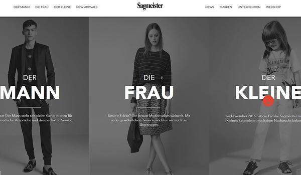 Schlicht und elegant. So sieht die Homepage des Modegeschäfts Sagmeister aus. Dass der Webshop sich nicht auf der Homepage befindet, irritiert hingegen. Dennoch belegt das Vorarlberger Unternehmen den zweiten Platz.