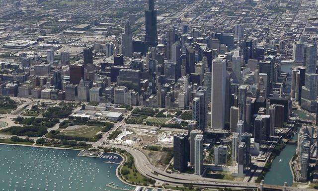 A file photo of an aerial view showing the skyline and lakefront of Chicago