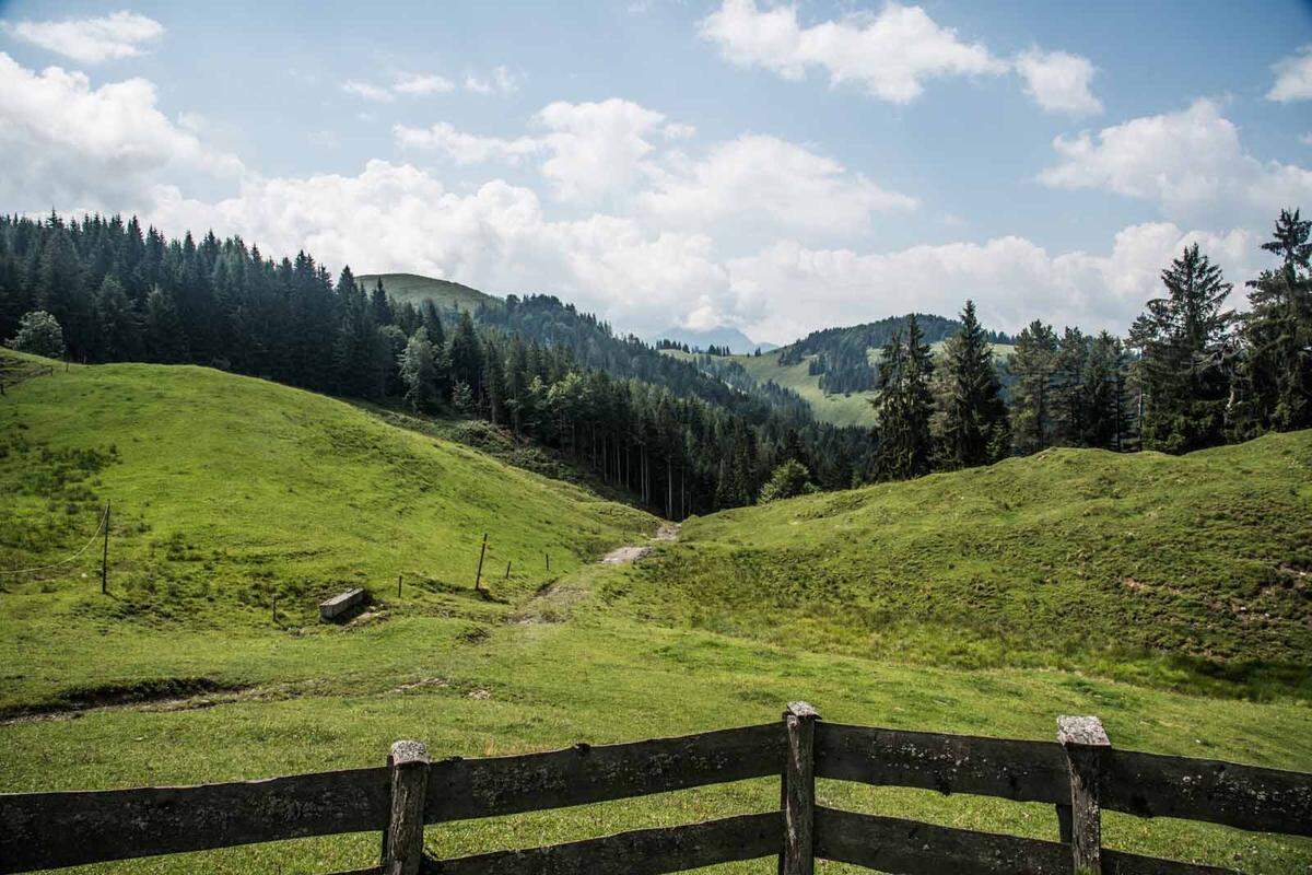 Auf der nächsten Etappe - von Oberndorf über die Huberalm ins Pillerseetal - spielte das Wetter wieder mit. Es ging mit dem Rad über grüne Almböden, vorbei an Bergseen und durch dichte Wälder.