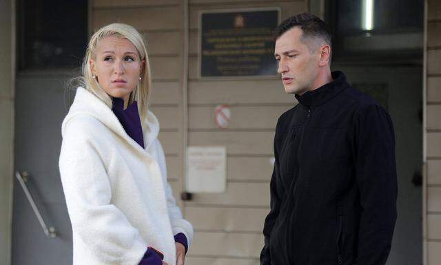 OMSK, RUSSIA - AUGUST 21, 2020: Navalny s doctor Anastasia Vasilyeva (L) talks to his brother Oleg outside Omsk Ambulan