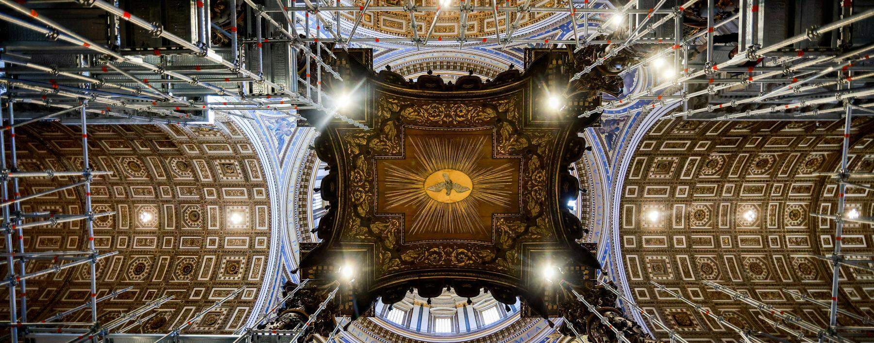 A view of scaffolding around a baroque sculpted bronze canopy by Gian Lorenzo Bernini over the high altar of St. Peter's Basilica in preparation for its restoration, at the Vatican, February 21, 2024. REUTERS/Yara Nardi     TPX IMAGES OF THE DAY     