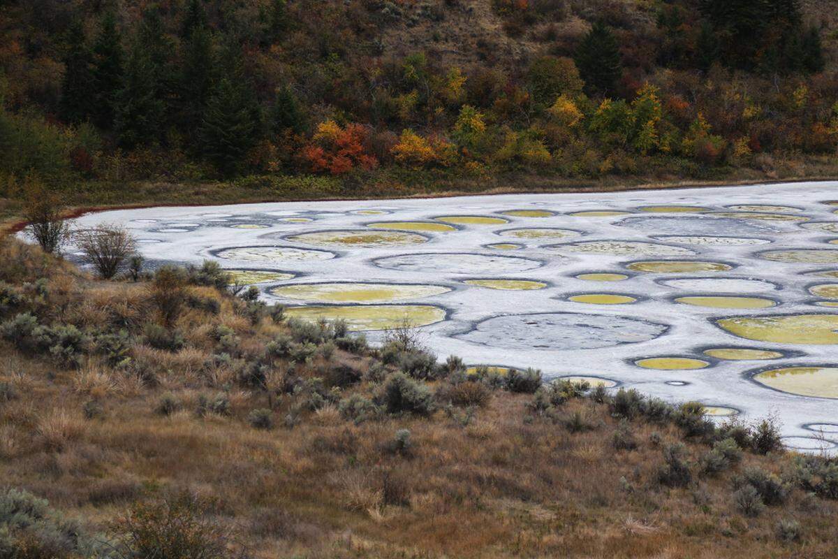 Der kleine See in der kanadischen Provinz British Columbia ist reich an einer Vielzahl von Mineralien. In den heißen Sommermonaten, in denen ein großer Teil des Wassers in dem See verdampft, steigt die Konzentrationen dieser Mineralien und sie werden an verschiedenen Stellen in Form von Pools sichtbar.