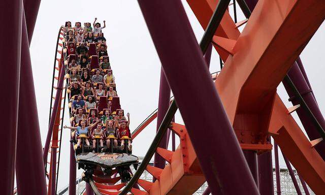 February 19, 2021, USA: Riders aboard the Raging Bull rollercoaster scream out as they head into a dip on May 26, 2016,