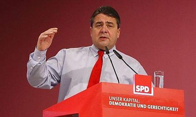 Social Democrat chairman Gabriel delivers his speech at SPD party convention in Berlin.