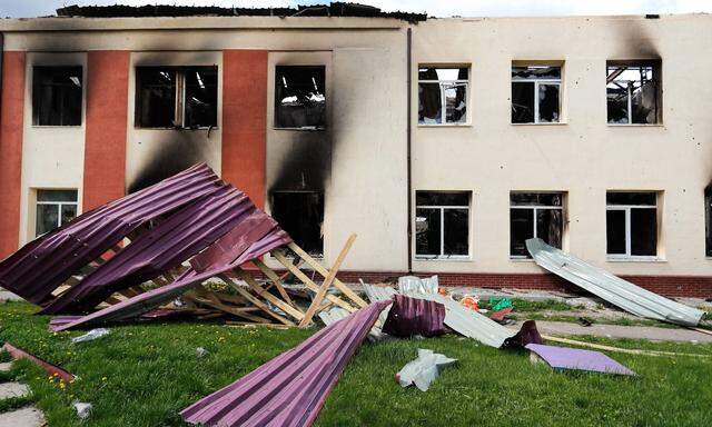 April 27, 2022, Kharkiv Oblast, Kharkiv Oblast, Ukraine: A damaged school by the Russian bombardment at a village in Kh