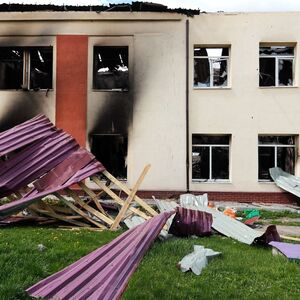 April 27, 2022, Kharkiv Oblast, Kharkiv Oblast, Ukraine: A damaged school by the Russian bombardment at a village in Kh