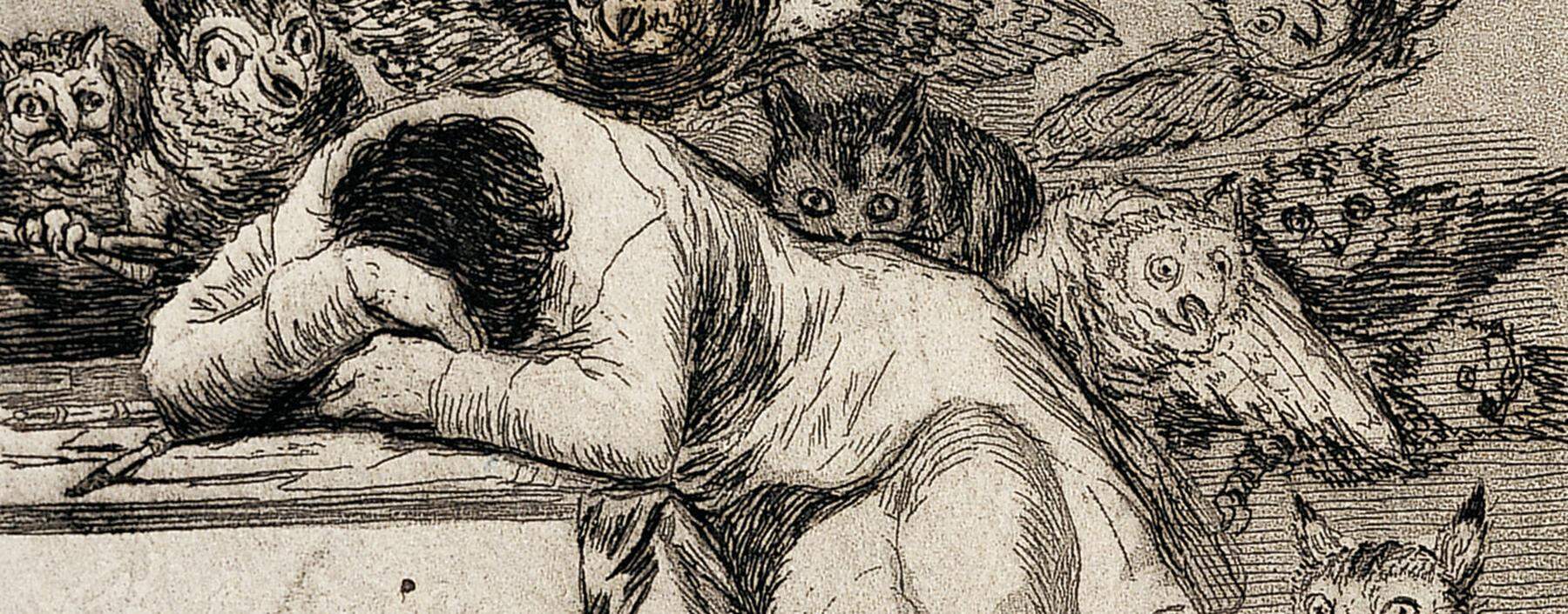 Francisco Goyas „Der Schlaf der Vernunft gebiert Ungeheuer“ von 1799 zeigt die unheimlichen Nachttiere.