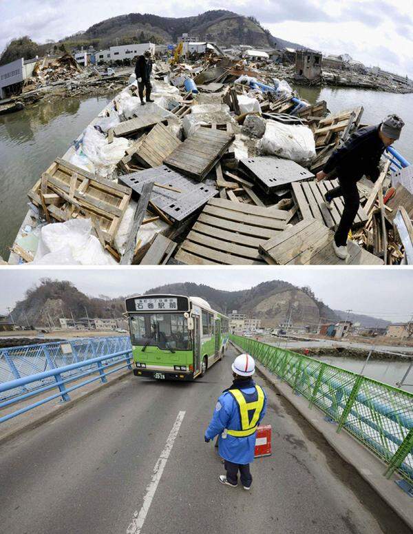 Eine Brücke in Ishinomaki am 22. März 2011 (oben) und am 1. März 2013.