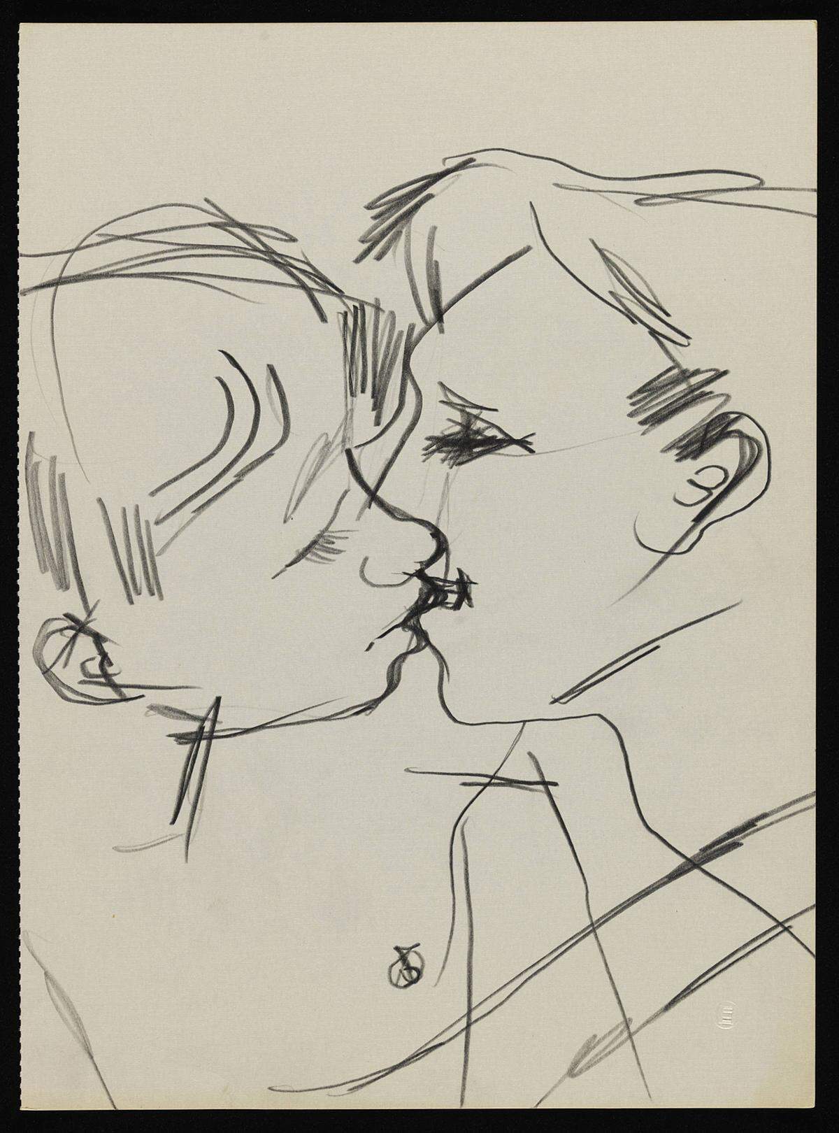 Der Maler Keith Vaughan ist nicht nur für seine Bilder bekannt, sondern auch für seine Tagebücher: darin schildert er das schwierige Verhältnis zu seiner eigenen Homosexualität - die letzten Einträge schrieb er, an Krebs erkrankt, unmittelbar vor seinem Suizid.  Keith Vaughan (1912 – 1977): "Out. Drawing of two men kissing", 1958–73 