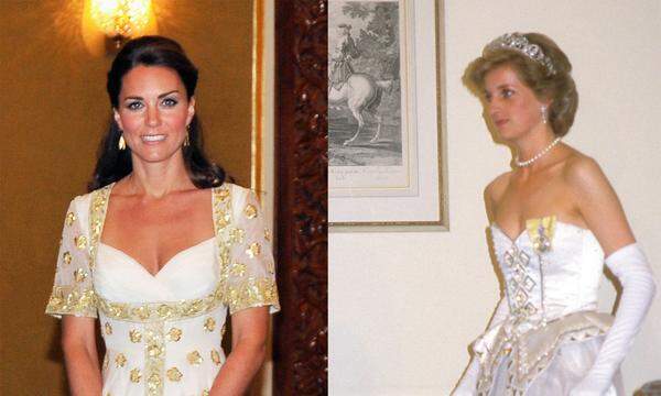 Weiß und Gold: Herzogin Catherine bei einem Dinner in Kuala Lumpur 2012, Prinzessin Diana 1986 in der deutschen Botschaft in London.