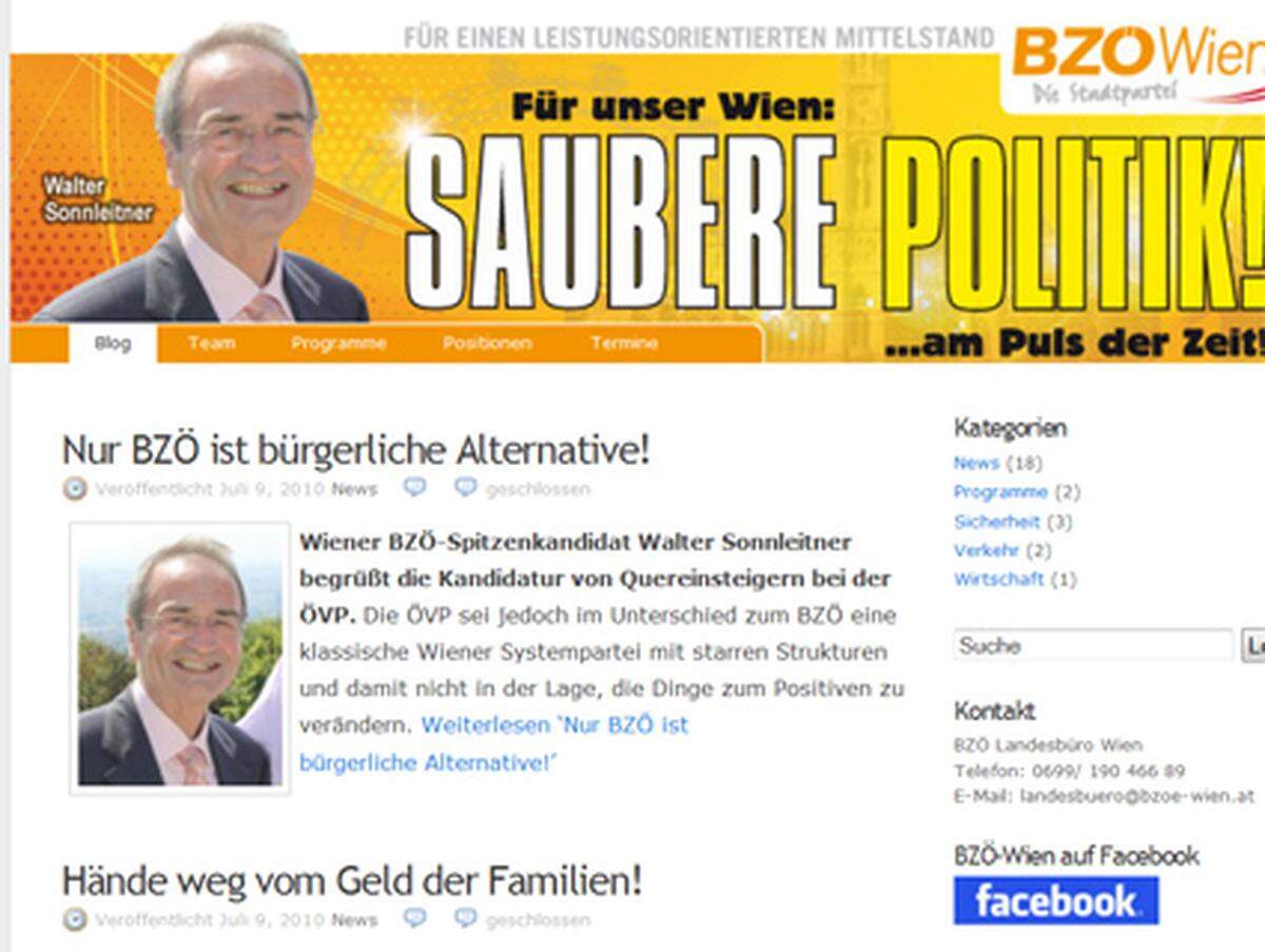 Schließlich findet man dann doch einen Hauch von Wahlkampf der BZÖ im Internet. Und zwar auf dem Blog des BZÖ-Wien, wo Sonnleitners strahlendes Konterfei neben dem Slogan "Für unser Wien: Saubere Politik!...am Puls der Zeit!" prangt.
