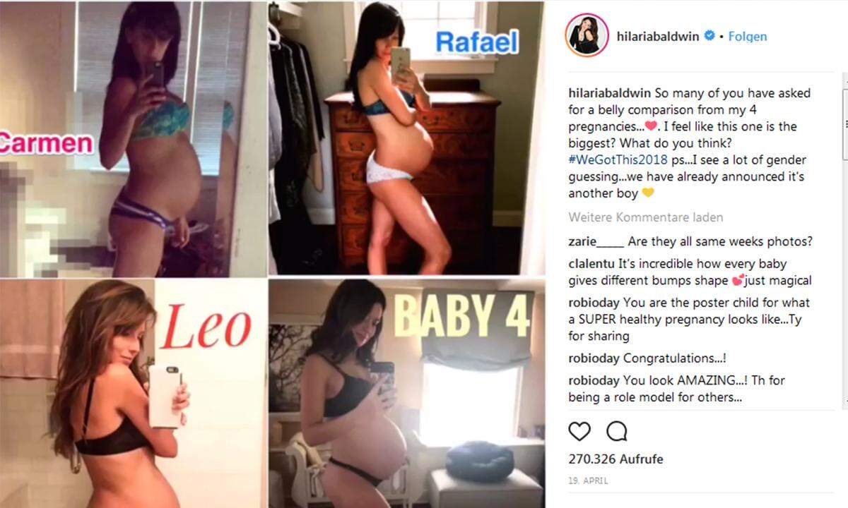 Neben Baby Romeo ist Hilaria noch Mutter von drei weiteren Kindern. Gemeinsam mit Alec Baldwin hat sie die 4-jährige Carmen, den 2-jährigen Rafael und den 1-jährigen Leonardo. Letzten Monat verglich Hilaria ihre vier Schwangerschaften mit alten Babybauch-Fotos auf Instagram und erklärte dabei, dass sie das Gefühl hatte, bei der letzten Schwangerschaft den größten Babybauch gehabt zu haben.