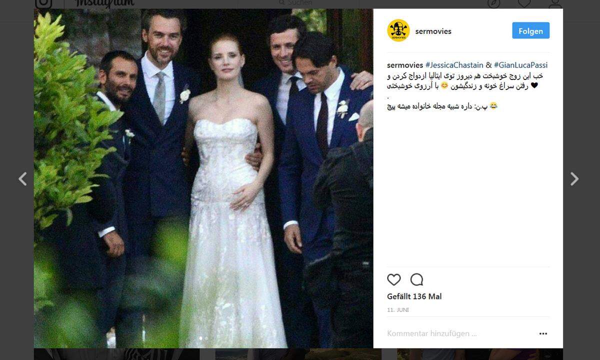 Vergleichsweise fast unspektakulär verlief dagegen Jessica Chastains Auftritt als Braut neben ihrem neuen Ehemann Gian Luca Passi de Preposulo. Das Kleid der Schauspielerin war eine Spezialanfertigung von Designer Riccardo Tisci.