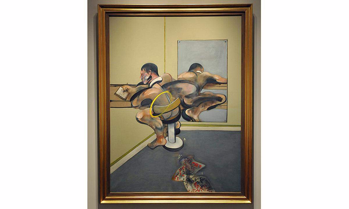 44,9 Millionen Dollar (34,7 Millionen Euro), am 9. November bei Sotheby's, New York Die Öffentlichkeit hatte "Figure Writing Reflected In Mirror" von 1976 selten zu Gesicht bekommen: Seit 1977 war es Teil einer privaten Sammlung. Das kraftvolle Gemälde zeigt den Geliebten des 1992 gestorbenen Malers, George Dyer. Dieser war 1971, am Vorabend einer großen Retrospektive seines Malerfreundes im Pariser Grand Palais, tot in seinem Hotelzimmer aufgefunden worden.