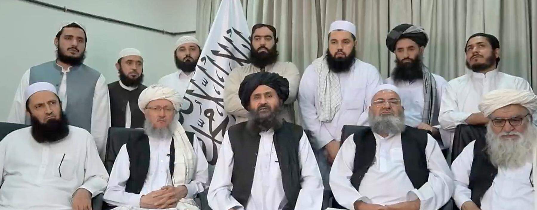 A still image taken from video shows Mullah Baradar Akhund, a senior official of the Taliban, making a video statement