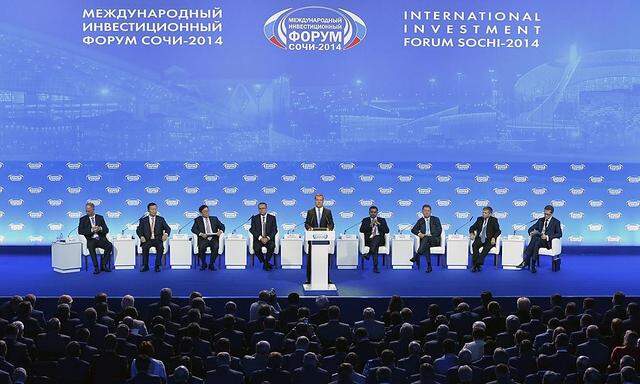 Russian PM Medvedev speaks during a session of the International Investment Forum 'Sochi-2014' in Sochi