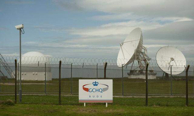 File photograph of satellite dishes at GCHQ's outpost at Bude, close to where trans-Atlantic fibre-optic cables come ashore in Cornwall