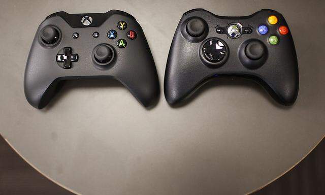 The new Xbox One controller next to the previous controller during a press event unveiling Microsoft´s new Xbox One in Redmond