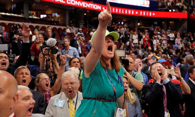 An opponent of the Republican National Convention Rules Committee´s report and rules changes screams at the Republican National Convention in Cleveland