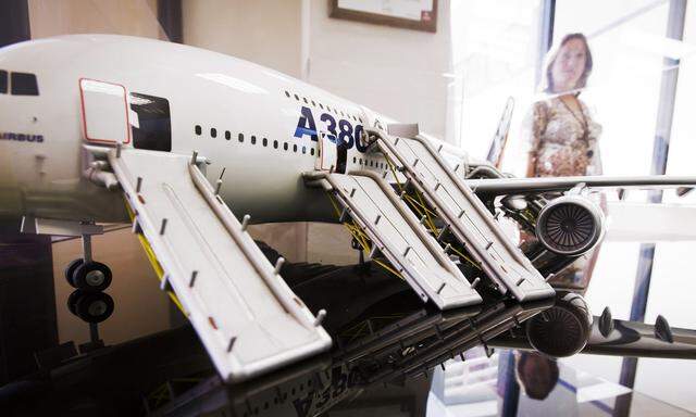 A model of an A380 Airbus with its evacuation slides deployed is displayed in the lobby at UTC Aerospace Systems in Phoenix