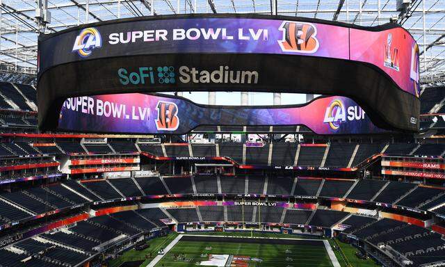 INGLEWOOD, CA - FEBRUARY 8: A view of the SoFi Stadium field during Super Bowl LVI media availability day on February 8