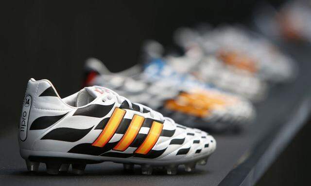 File photo of Adidas soccer shoes before company's news conference in Herzogenaurach