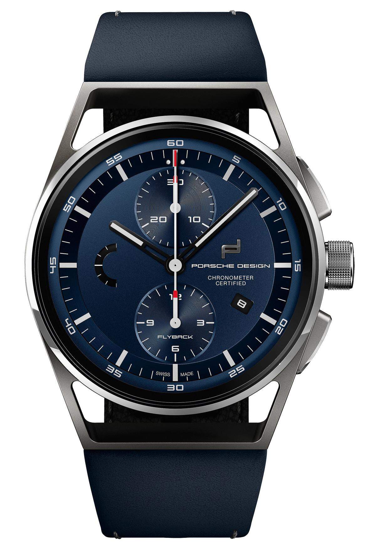 Porsche Design "1919 Chronotimer Flyback Blue & Leather". Die "1919"-Kollektion lässt die Parallele zum Sportwagen spüren: Sie ist aus Titan gefertigt, dem Hightech-Werkstoff aus dem Motorsport. Und auch das Kalbsleder des Armbands ist das gleiche, das im Interieur des Porsche zum Einsatz kommt. Wie beim Zifferblatt glänzt es in einem Blauton.    