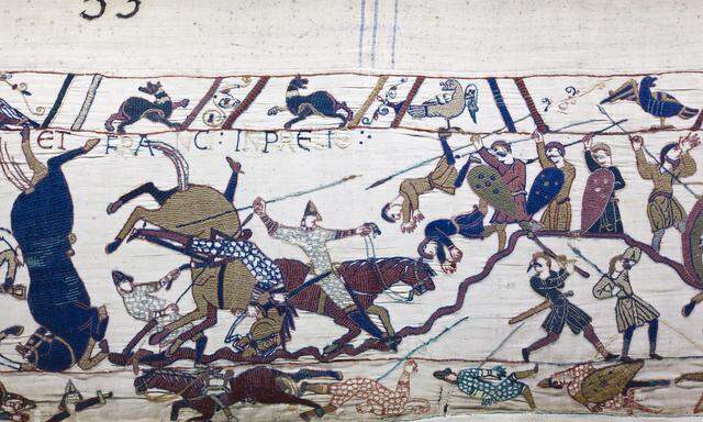 Zu den beliebtesten britischen Frankreichwitzen gehören militärische - ist das auch eine späte Rache? In der Schlacht bei Hastings eroberte der normannische Herzog Wilhelm der Eroberer die Angelsachsen (Szene aus der Tapisserie de Bayeux, 11. Jahrhundert).